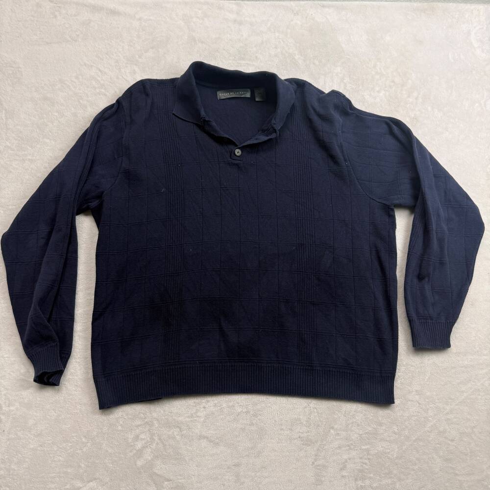 Oscar de la Renta Men's Sweater Navy Blue Size L Cotton Knitted Polo Pullover